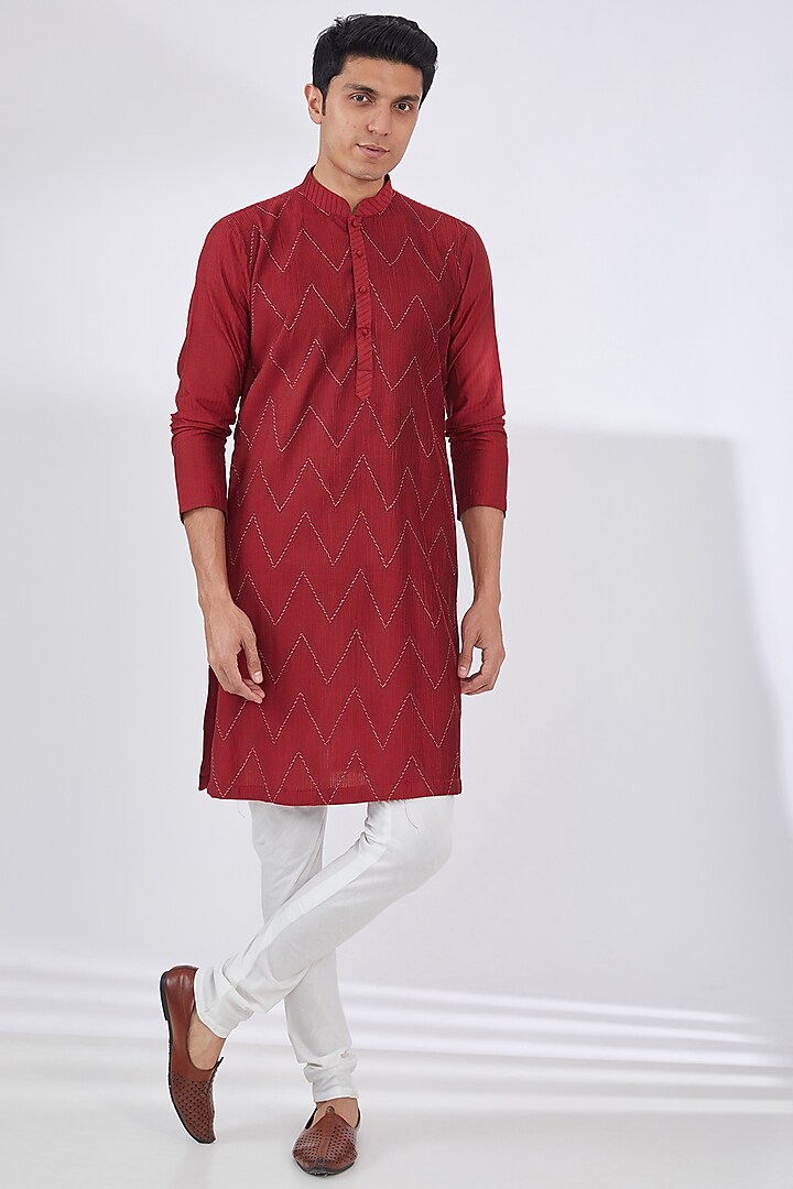 Red Cotton Silk Kurta Set by Dev Kumar