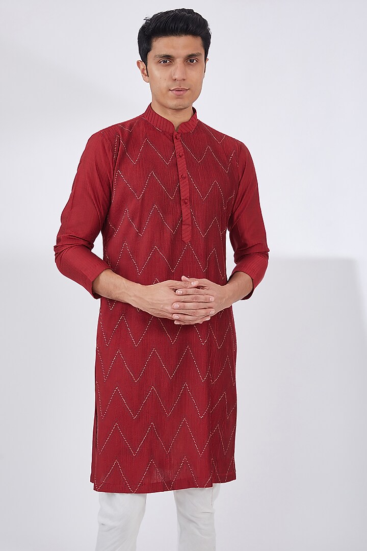 Red Cotton Silk Kurta Set by Dev Kumar at Pernia's Pop Up Shop