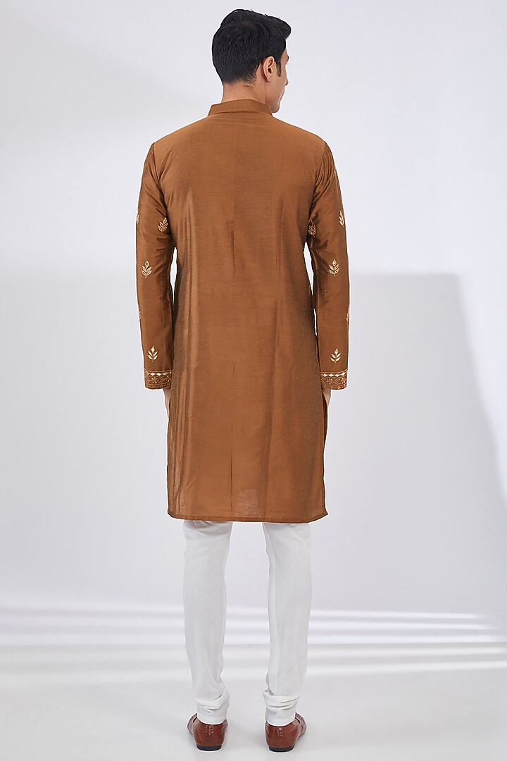 Rust Cotton Silk Embroidered Kurta Set by Dev Kumar at Pernia's Pop Up Shop