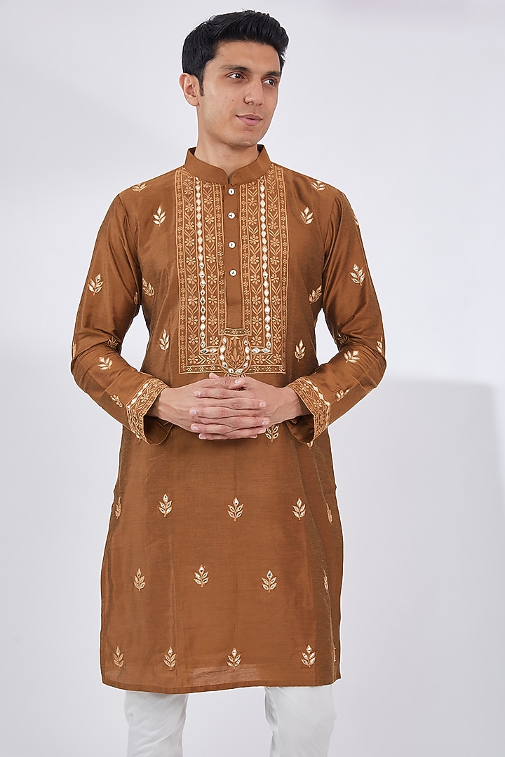 Rust Cotton Silk Embroidered Kurta Set by Dev Kumar at Pernia's Pop Up Shop