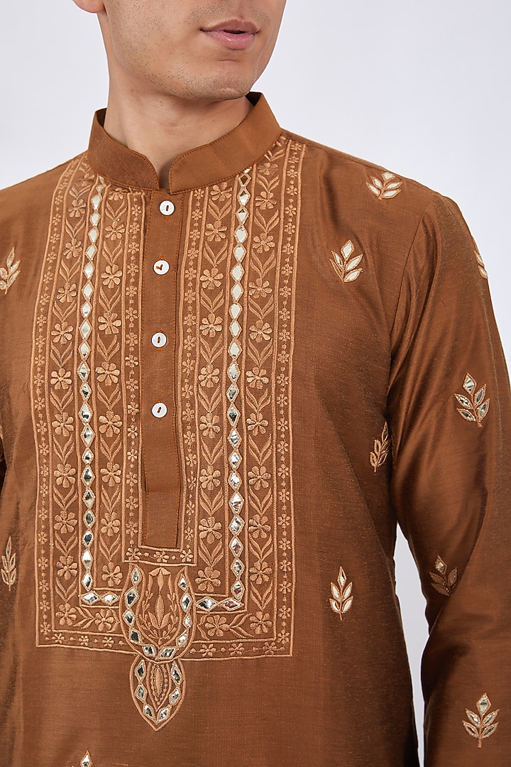 Rust Cotton Silk Embroidered Kurta Set by Dev Kumar at Pernia's Pop Up Shop