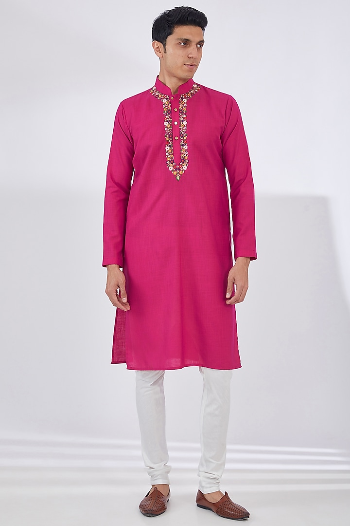 Pink Cotton Silk Embroidered Kurta Set by Dev Kumar