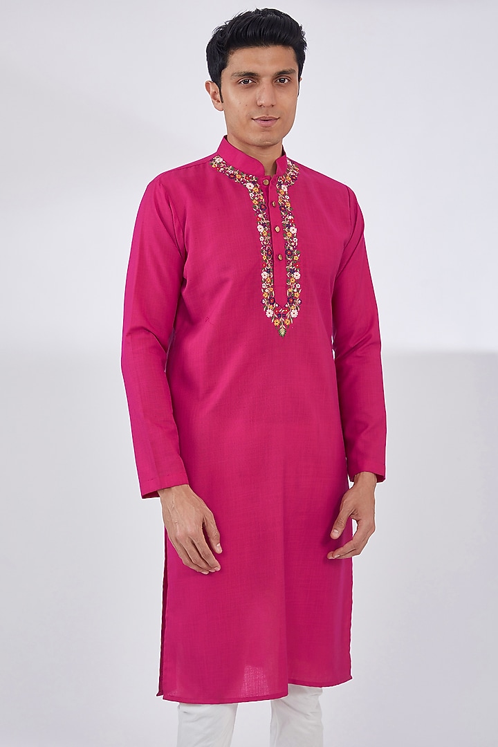 Pink Cotton Silk Embroidered Kurta Set by Dev Kumar at Pernia's Pop Up Shop
