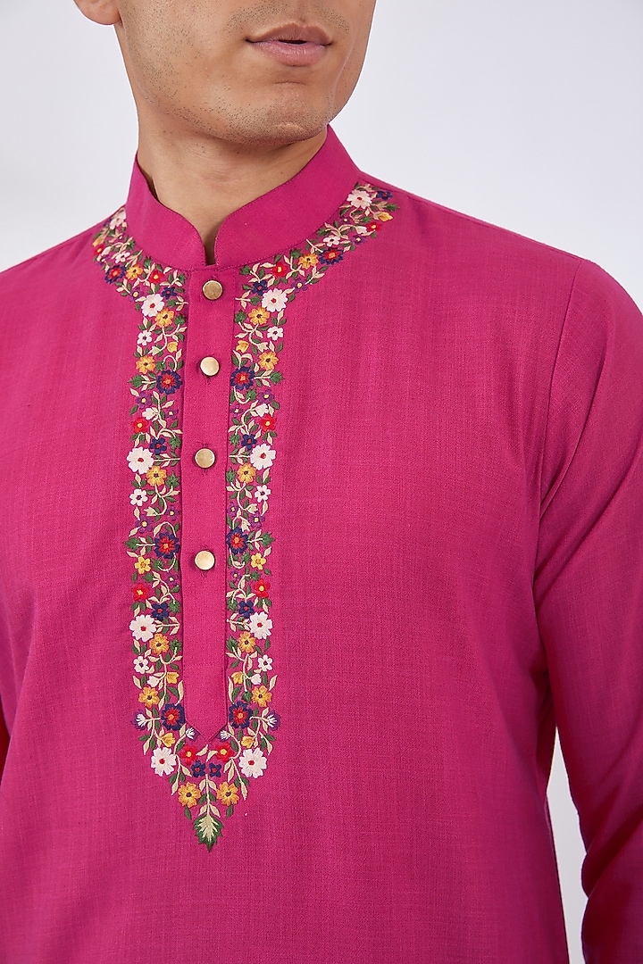Pink Cotton Silk Embroidered Kurta Set by Dev Kumar at Pernia's Pop Up Shop