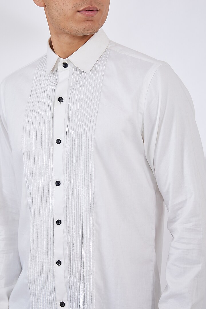 White Cotton Satin Party Wear Shirt by Dev Kumar at Pernia's Pop Up Shop