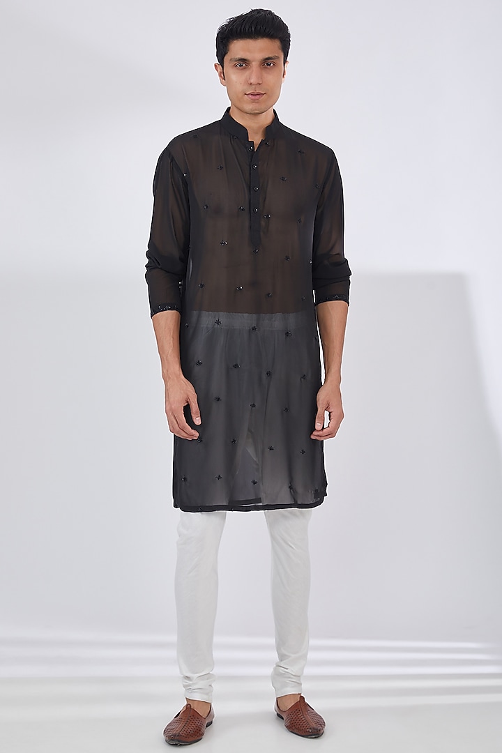 Black Raw Silk Embroidered Bundi Jacket Set by Dev Kumar at Pernia's Pop Up Shop