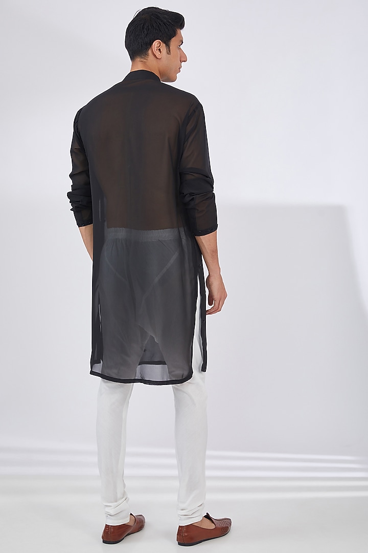 Black Raw Silk Embroidered Bundi Jacket Set by Dev Kumar at Pernia's Pop Up Shop