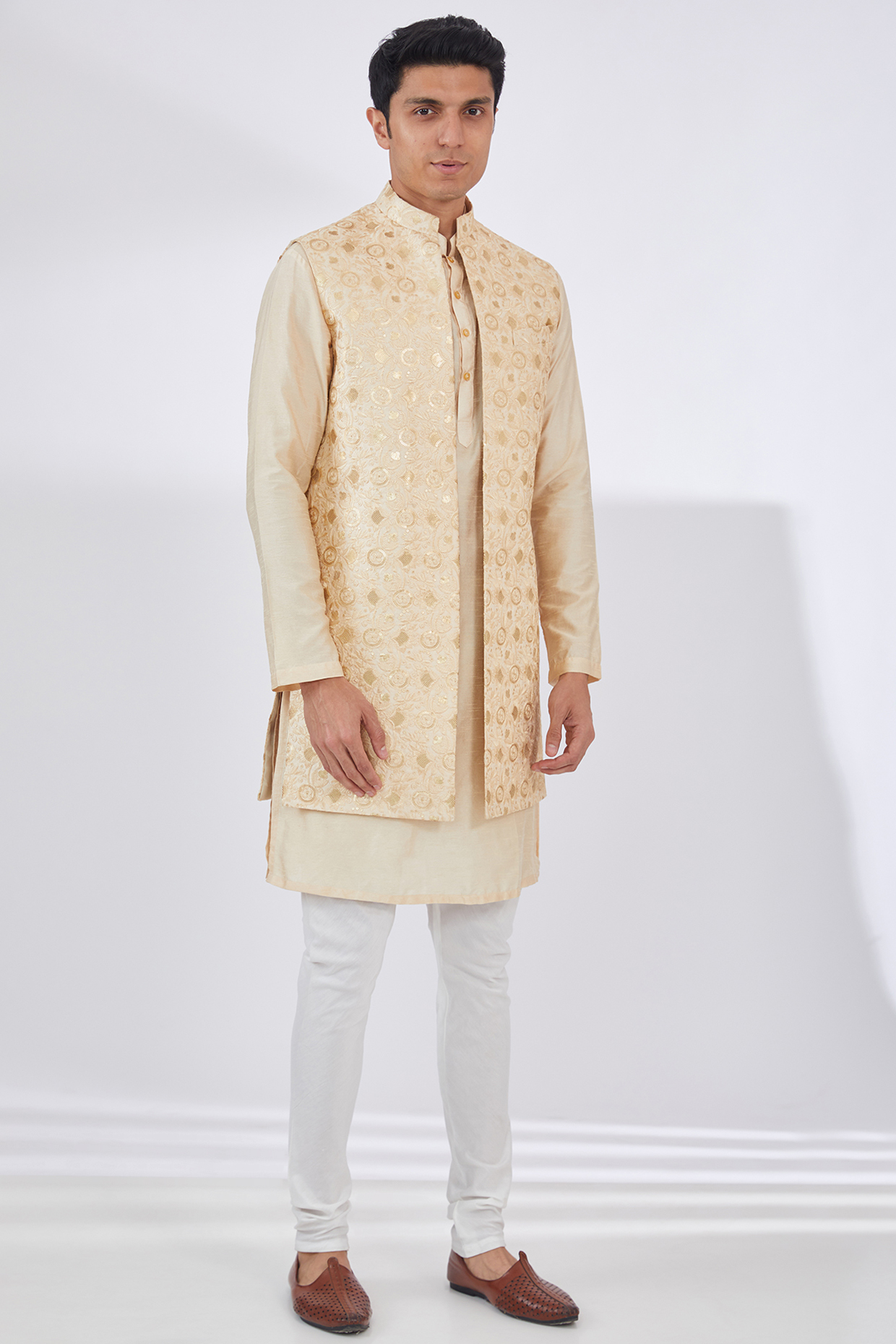 Beige Raw Silk Embroidered Indowestern Set by Dev Kumar