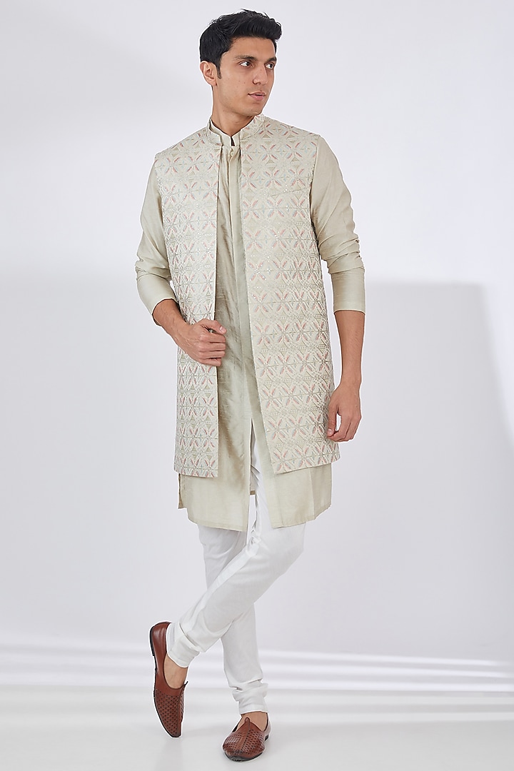 Light Green Raw Silk Embroidered Indowestern Set by Dev Kumar at Pernia's Pop Up Shop