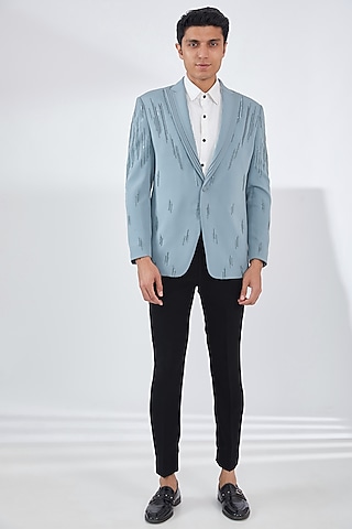 Sky Blue Italian Crepe Embroidered Blazer Set by Dev Kumar