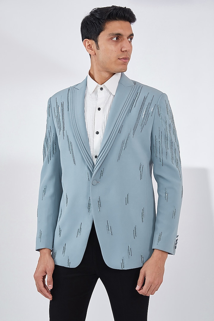 Sky Blue Italian Crepe Embroidered Blazer Set by Dev Kumar at Pernia's Pop Up Shop