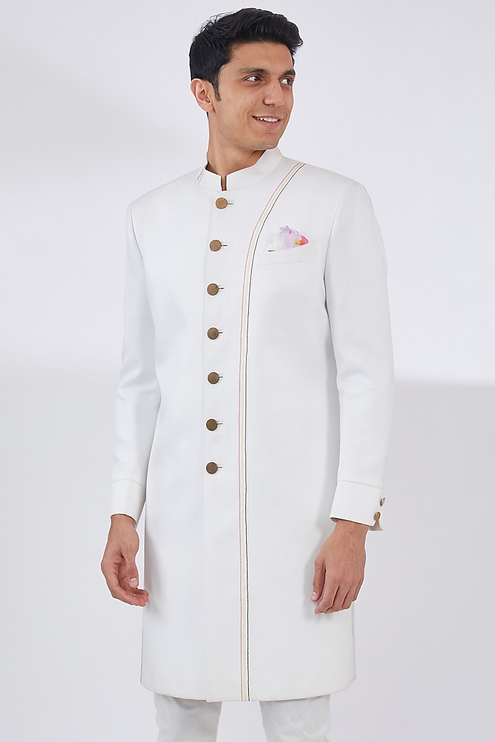 Ivory Raw Silk Wedding Indowestern Set by Dev Kumar at Pernia's Pop Up Shop