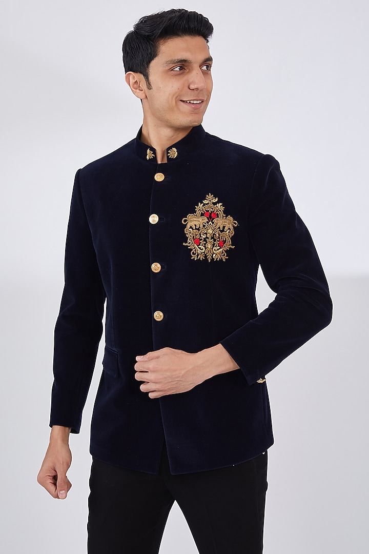 Midnight Blue Silk Velvet Embroidered Wedding Bandhgala Set by Dev Kumar at Pernia's Pop Up Shop