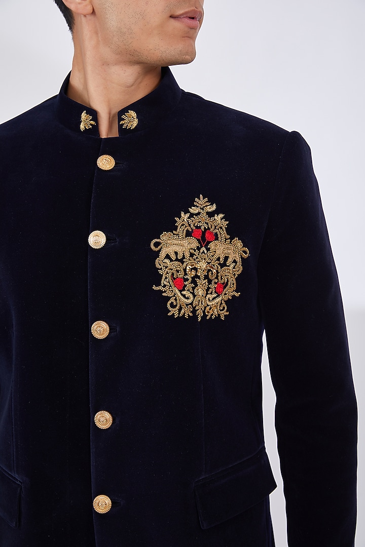 Midnight Blue Silk Velvet Embroidered Wedding Bandhgala Set by Dev Kumar at Pernia's Pop Up Shop