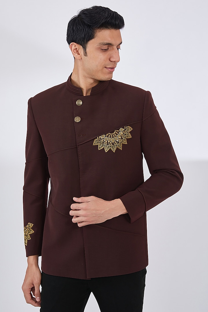 Wine Italian Crepe Embroidered Wedding Bandhgala Set by Dev Kumar at Pernia's Pop Up Shop