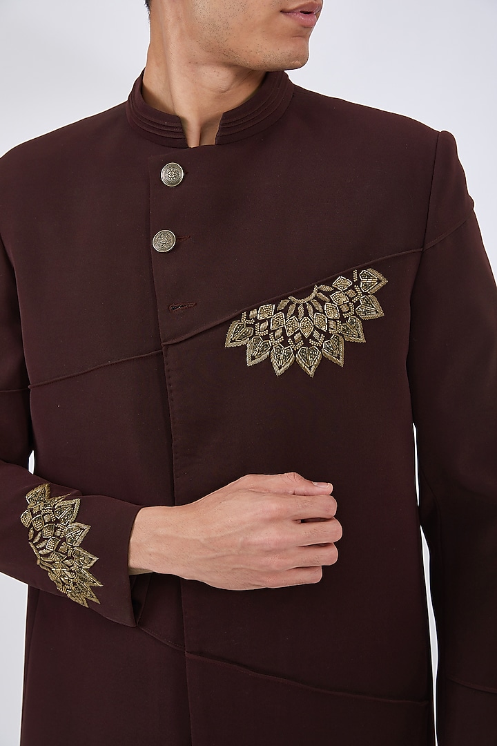 Wine Italian Crepe Embroidered Wedding Bandhgala Set by Dev Kumar at Pernia's Pop Up Shop