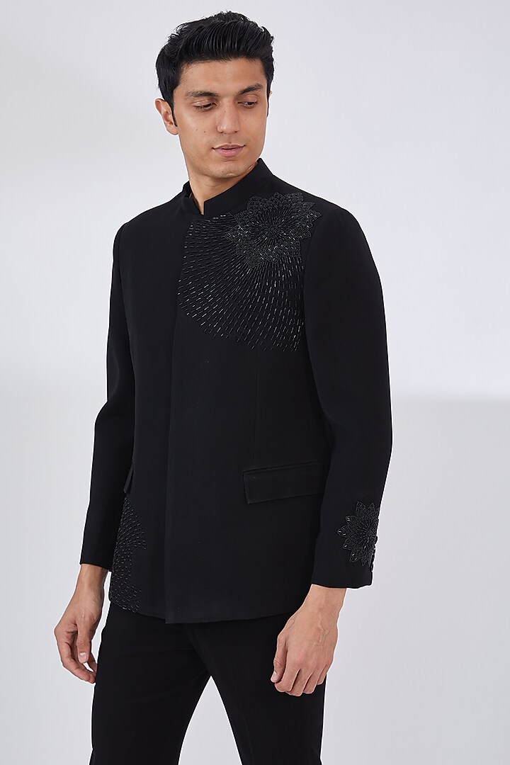 Black Italian Crepe Embroidered Wedding Bandhgala Set by Dev Kumar at Pernia's Pop Up Shop