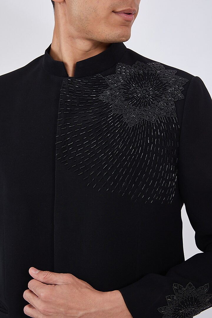 Black Italian Crepe Embroidered Wedding Bandhgala Set by Dev Kumar at Pernia's Pop Up Shop