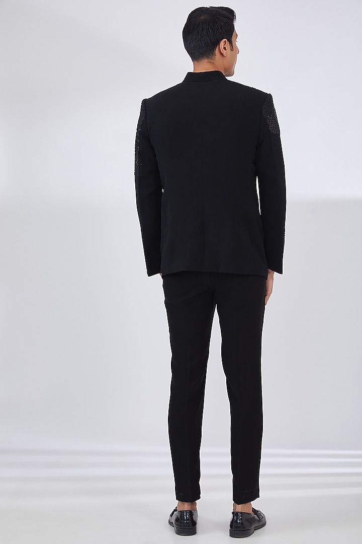 Black Italian Crepe Embroidered Wedding Bandhgala Set by Dev Kumar at Pernia's Pop Up Shop