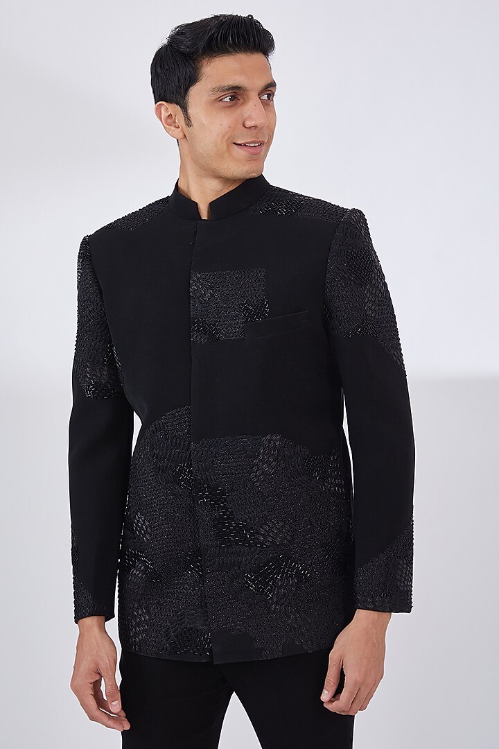 Black Italian Crepe Embroidered Wedding Bandhgala Set by Dev Kumar at Pernia's Pop Up Shop