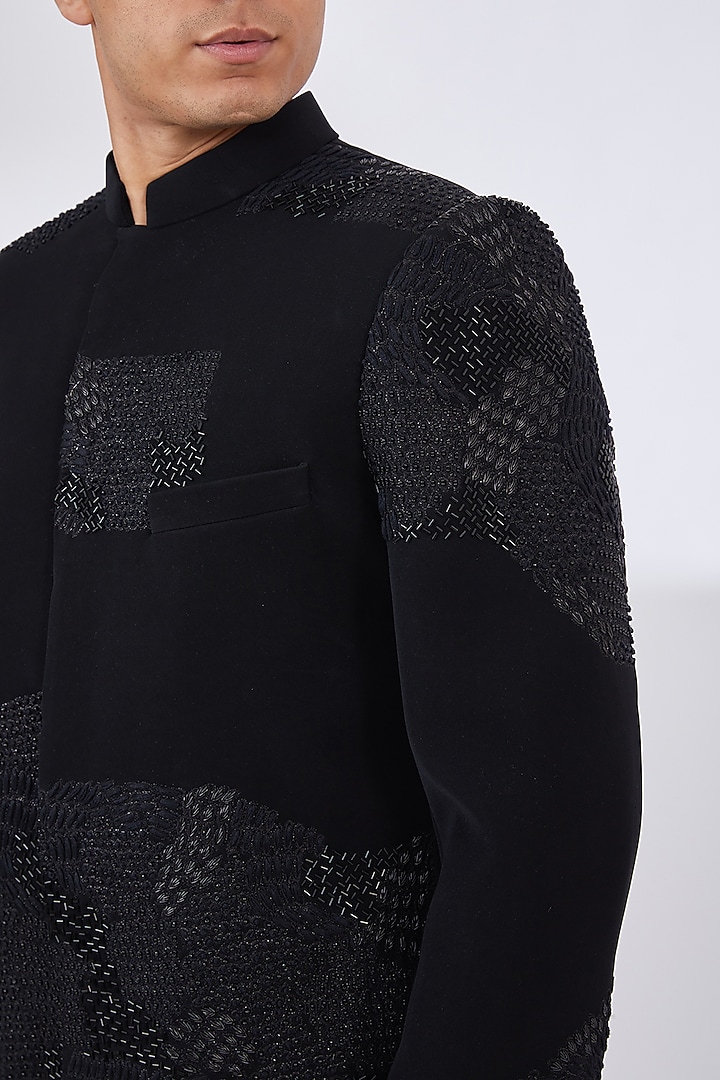 Black Italian Crepe Embroidered Wedding Bandhgala Set by Dev Kumar at Pernia's Pop Up Shop