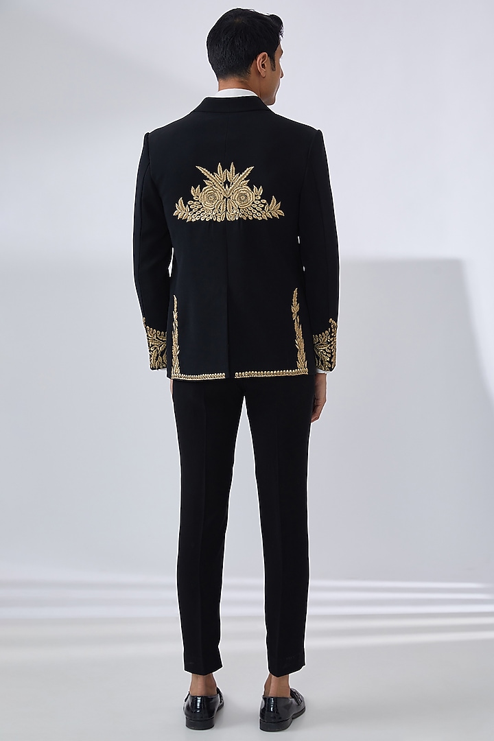 Black Italian Crepe Embroidered Tuxedo Set by Dev Kumar at Pernia's Pop Up Shop