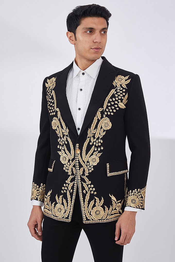 Black Italian Crepe Embroidered Tuxedo Set by Dev Kumar at Pernia's Pop Up Shop