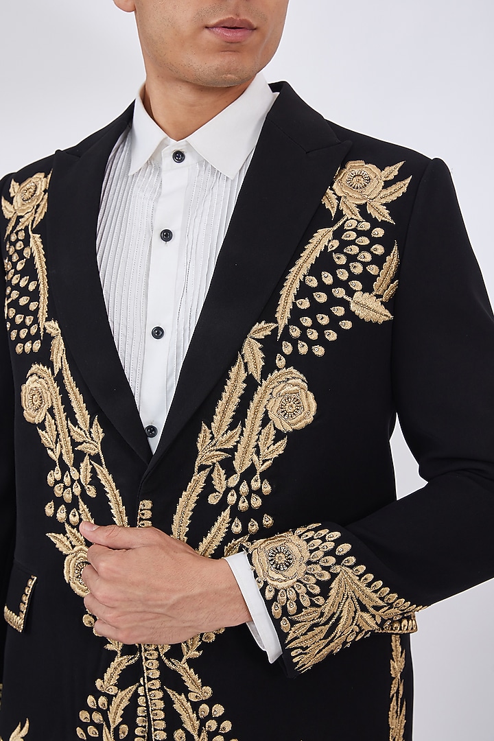 Black Italian Crepe Embroidered Tuxedo Set by Dev Kumar at Pernia's Pop Up Shop