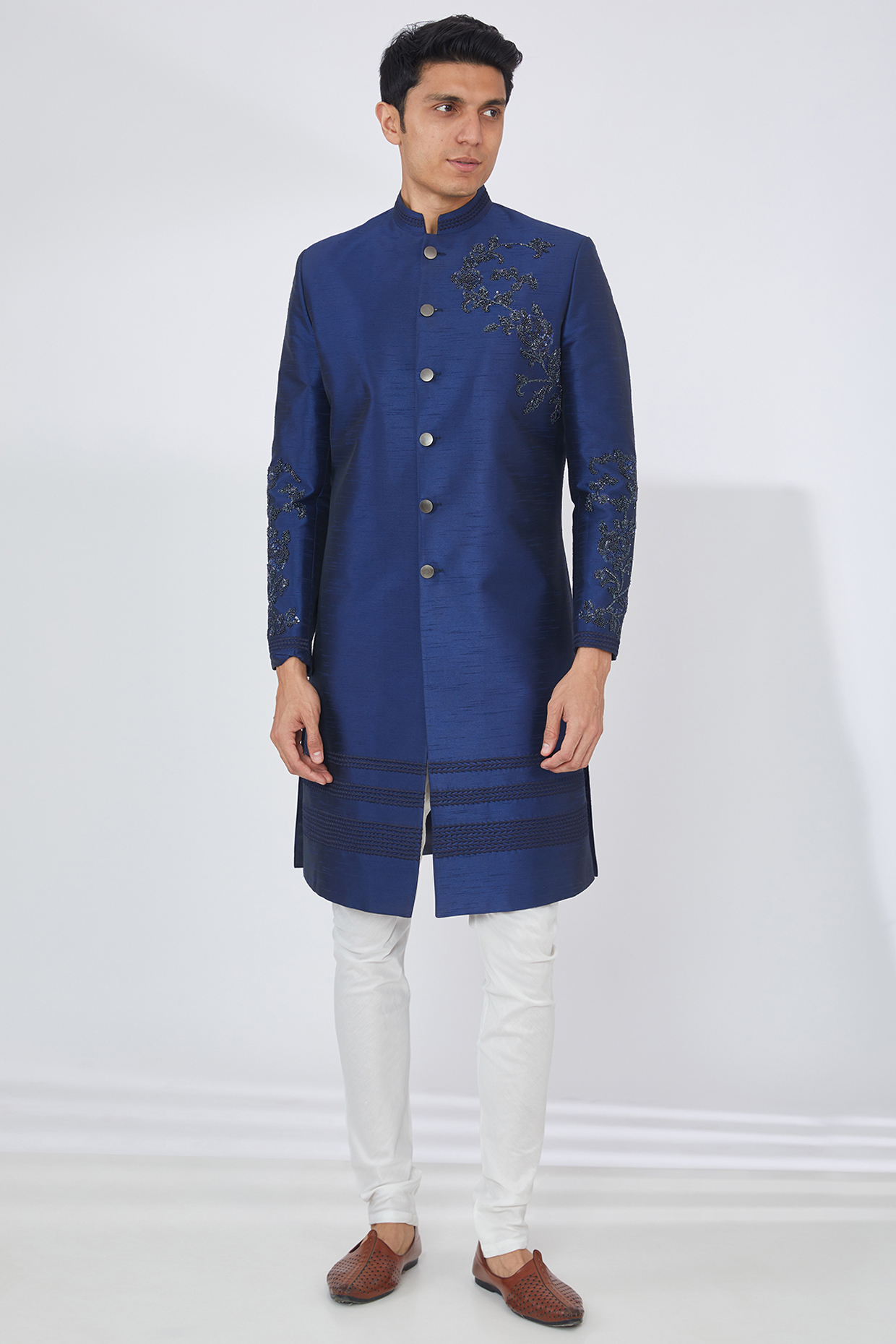 Blue Raw Silk Embroidered Indowestern Set by Dev Kumar