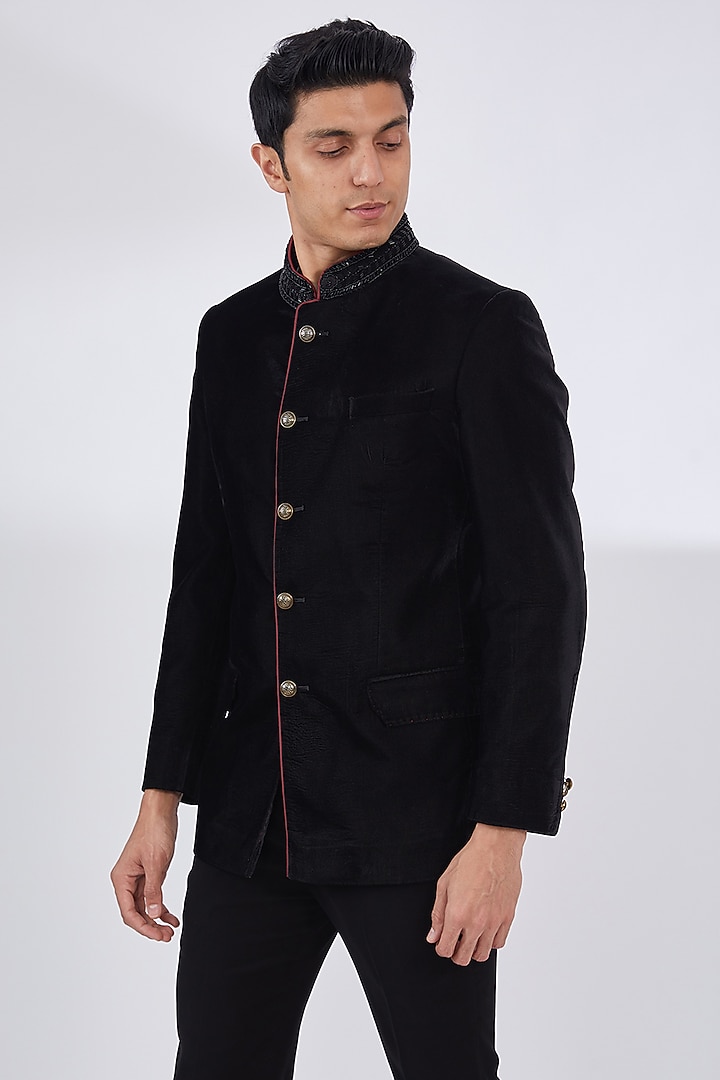 Black Silk Velvet Wedding Bandhgala Set by Dev Kumar at Pernia's Pop Up Shop