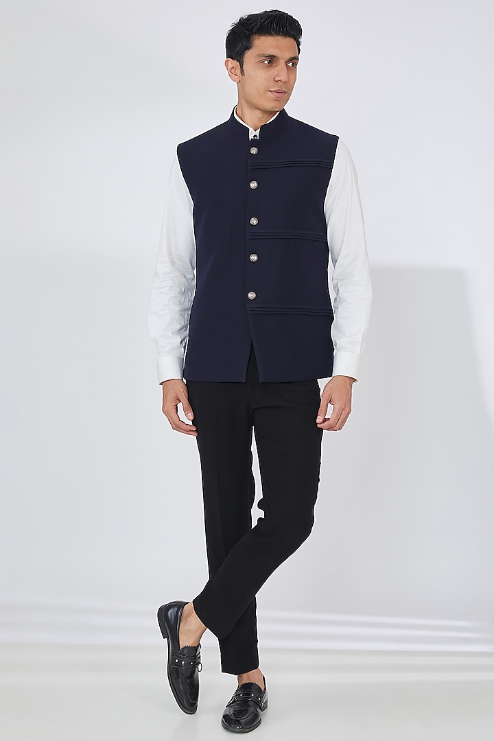 Midnight Blue Silk Velvet Bundi Jacket Set by Dev Kumar at Pernia's Pop Up Shop