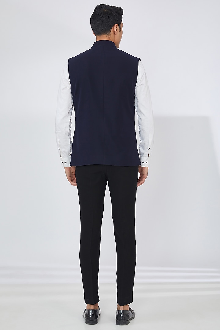 Midnight Blue Silk Velvet Bundi Jacket Set by Dev Kumar at Pernia's Pop Up Shop