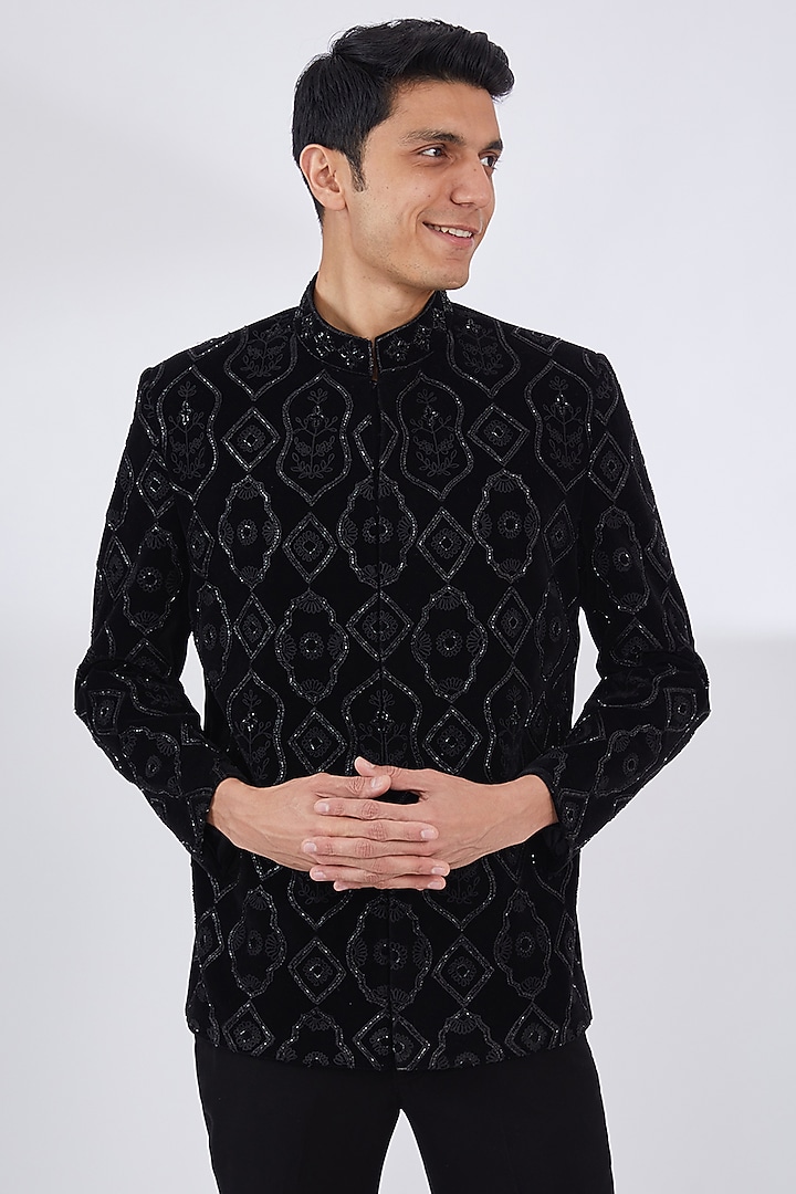 Black Silk Velvet Embroidered Wedding Bandhgala Set by Dev Kumar at Pernia's Pop Up Shop