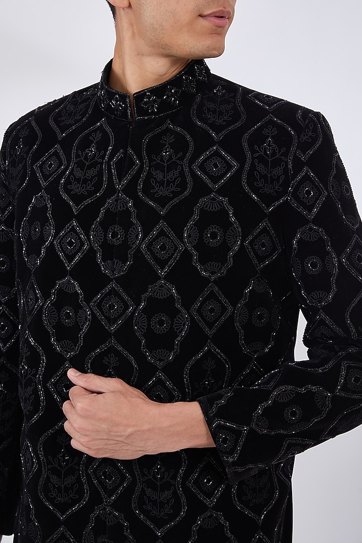 Black Silk Velvet Embroidered Wedding Bandhgala Set by Dev Kumar at Pernia's Pop Up Shop