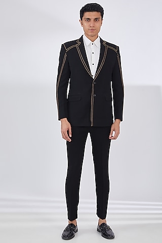 Black Italian Crepe Embroidered Tuxedo Set by Dev Kumar