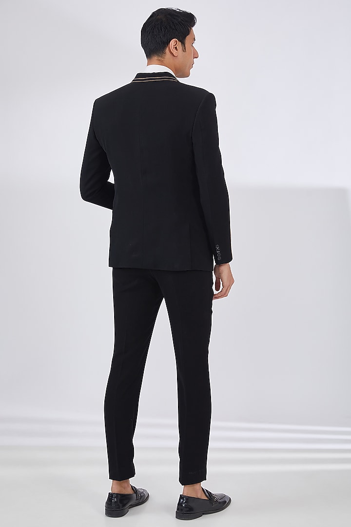 Black Italian Crepe Embroidered Tuxedo Set by Dev Kumar at Pernia's Pop Up Shop
