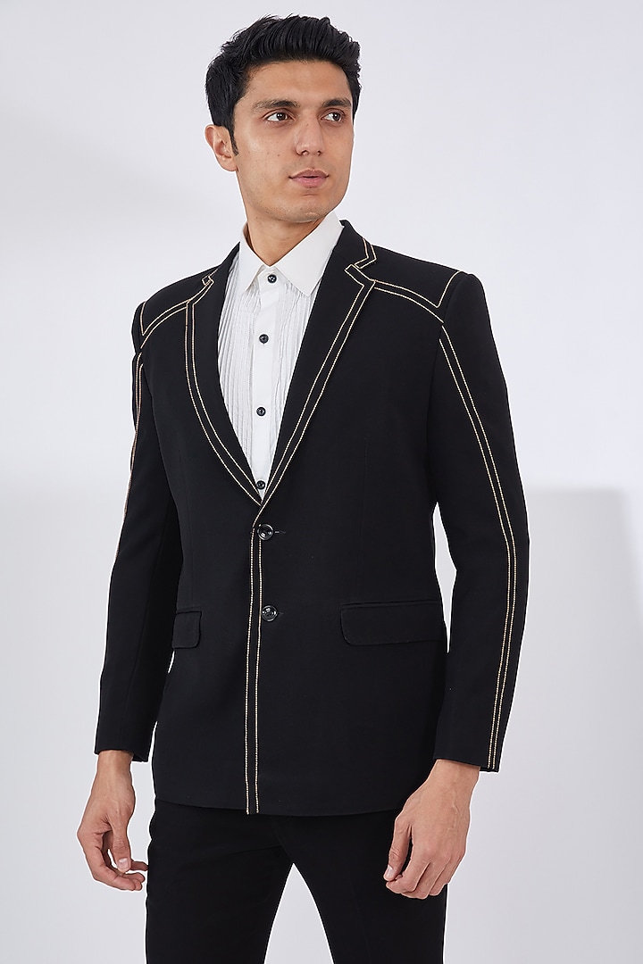 Black Italian Crepe Embroidered Tuxedo Set by Dev Kumar at Pernia's Pop Up Shop