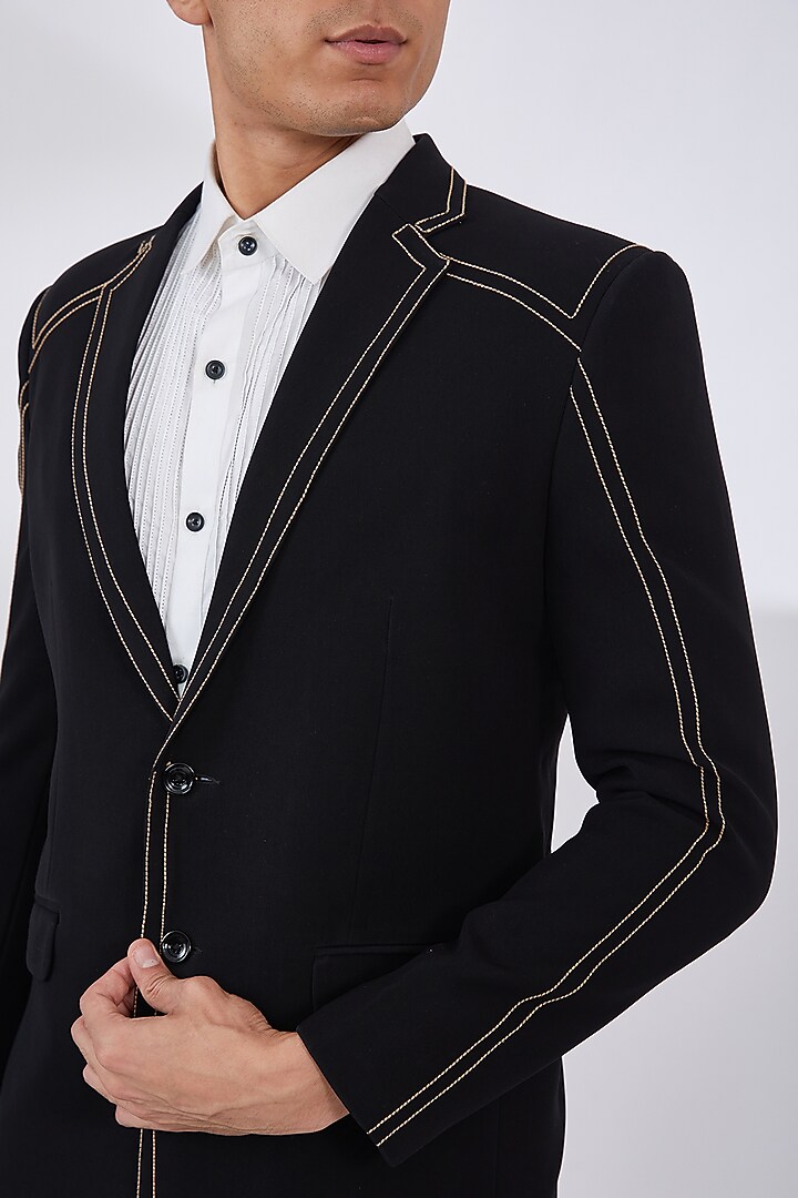 Black Italian Crepe Embroidered Tuxedo Set by Dev Kumar at Pernia's Pop Up Shop