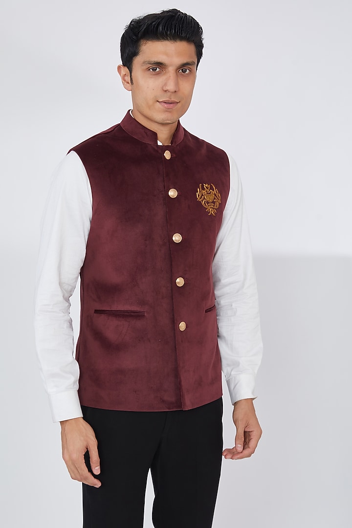Wine Silk Velvet Embroidered Bundi Jacket Set by Dev Kumar at Pernia's Pop Up Shop