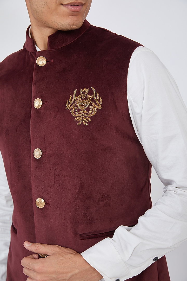 Wine Silk Velvet Embroidered Bundi Jacket Set by Dev Kumar at Pernia's Pop Up Shop