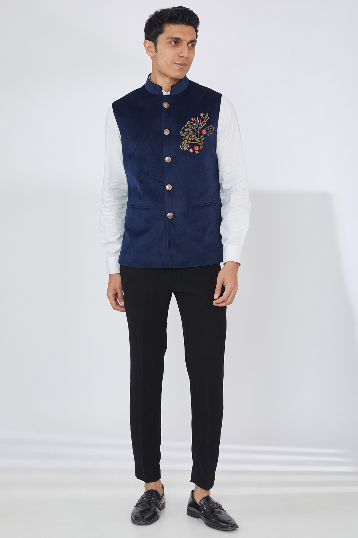 Blue Silk Velvet Embroidered Bundi Jacket Set by Dev Kumar at Pernia's Pop Up Shop