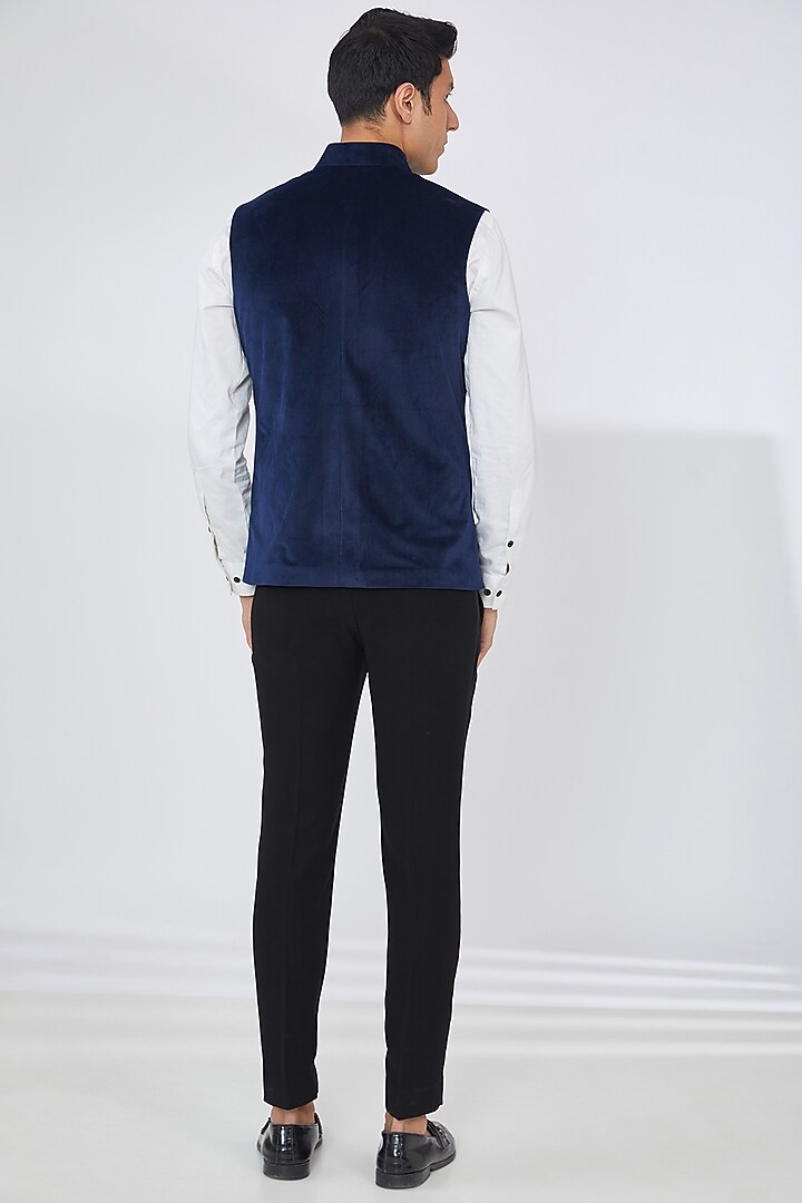 Blue Silk Velvet Embroidered Bundi Jacket Set by Dev Kumar at Pernia's Pop Up Shop