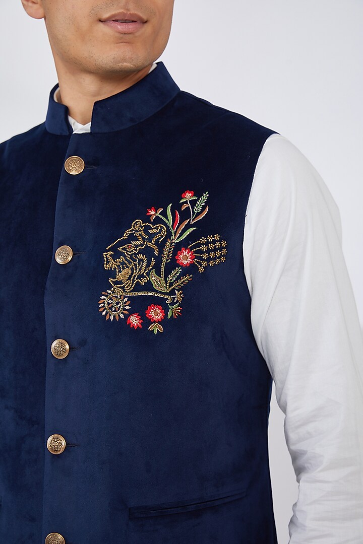 Blue Silk Velvet Embroidered Bundi Jacket Set by Dev Kumar at Pernia's Pop Up Shop