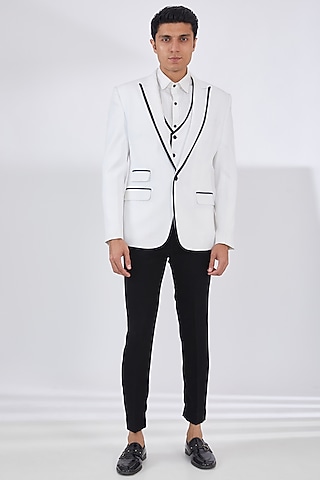 White Italian Crepe Tuxedo Set by Dev Kumar