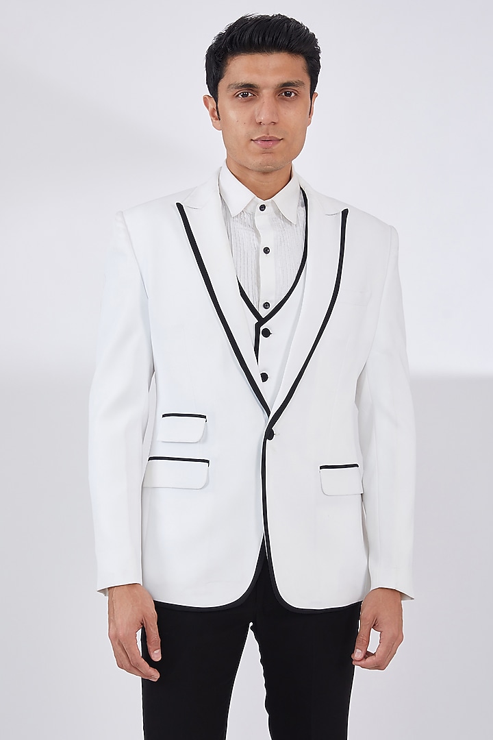 White Italian Crepe Tuxedo Set by Dev Kumar at Pernia's Pop Up Shop