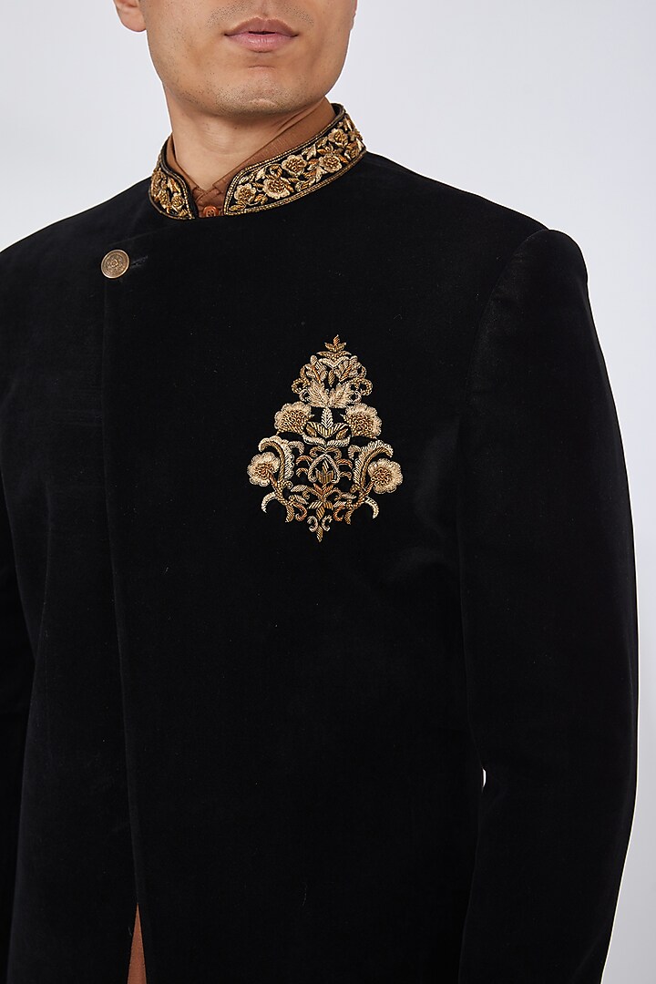 Black Silk Velvet Embroidered Wedding Indowestern Set by Dev Kumar at Pernia's Pop Up Shop