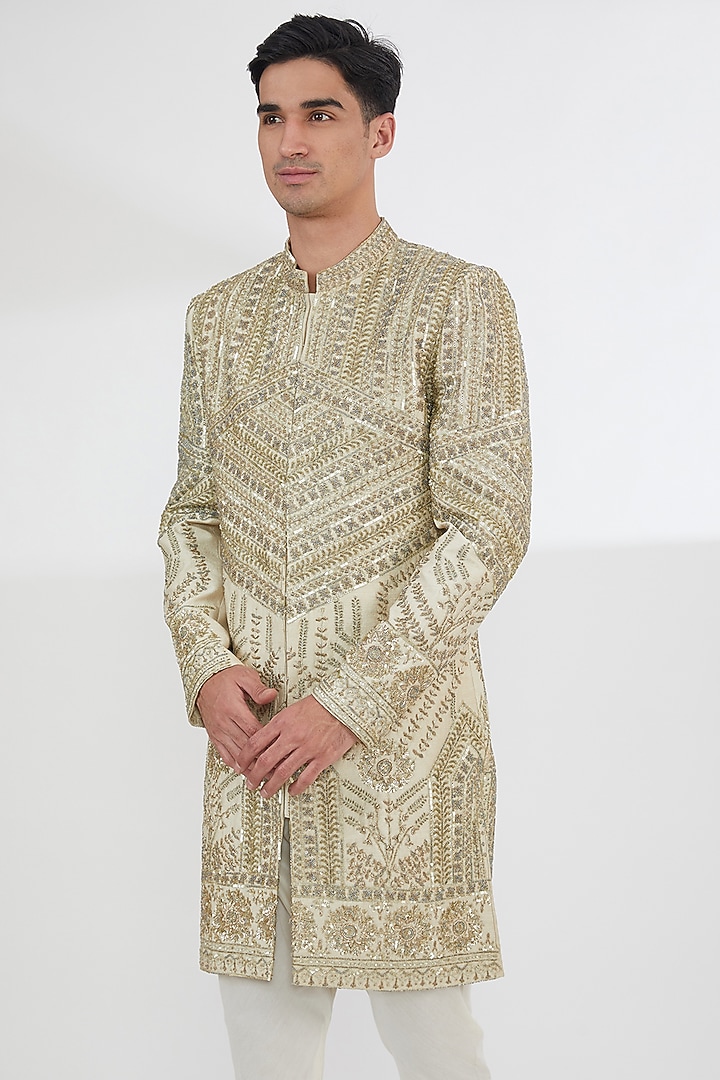 Gold Raw Silk Sequins & Pearl Hand Embroidered Groom Sherwani Set by Dev Kumar at Pernia's Pop Up Shop
