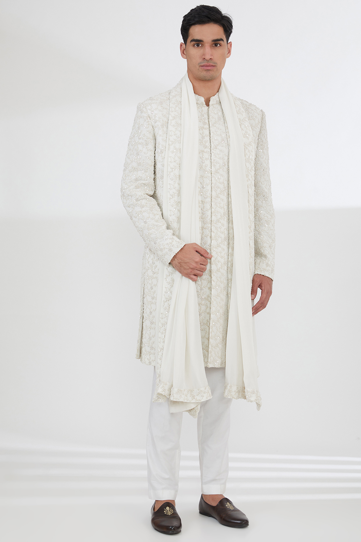 Ivory Georgette Sequins & Pearl hand Embroidered Groom Sherwani Set by Dev Kumar at Pernia's Pop Up Shop