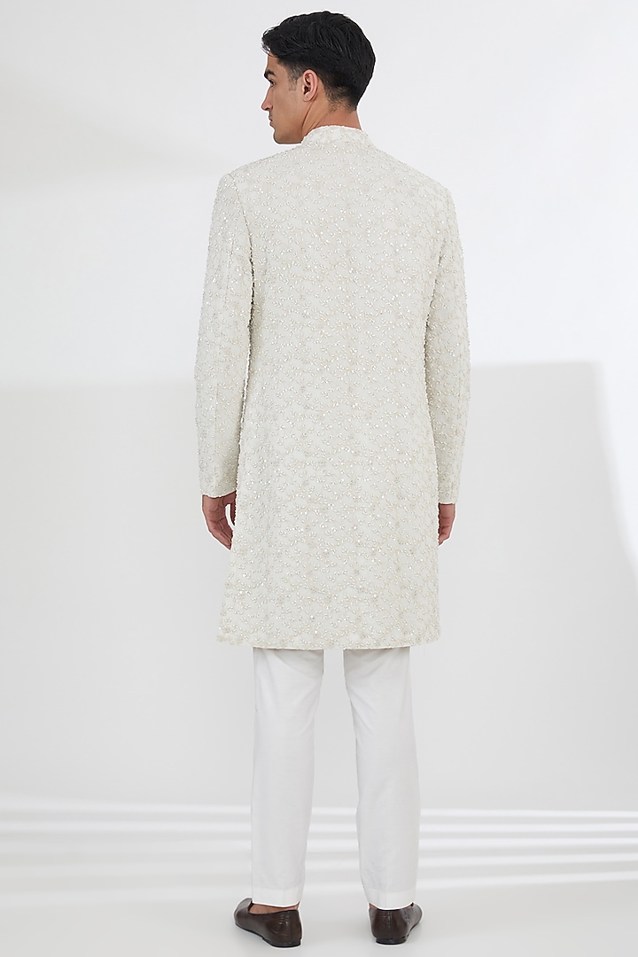 Ivory Georgette Sequins & Pearl hand Embroidered Groom Sherwani Set by Dev Kumar at Pernia's Pop Up Shop