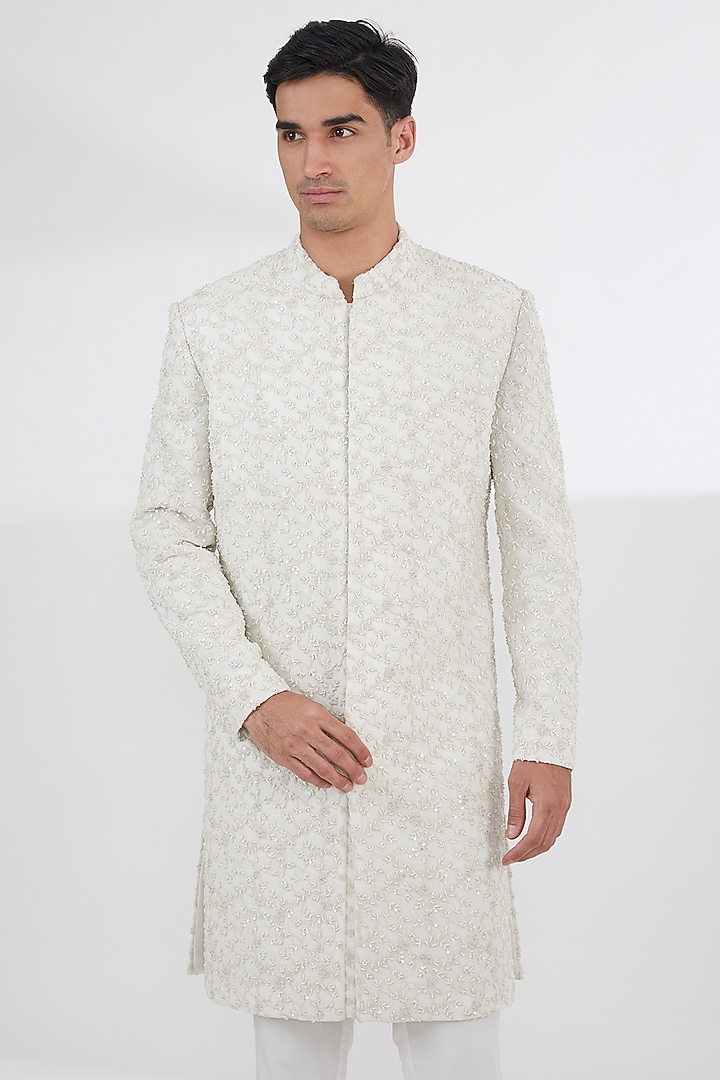 Ivory Georgette Sequins & Pearl hand Embroidered Groom Sherwani Set by Dev Kumar at Pernia's Pop Up Shop